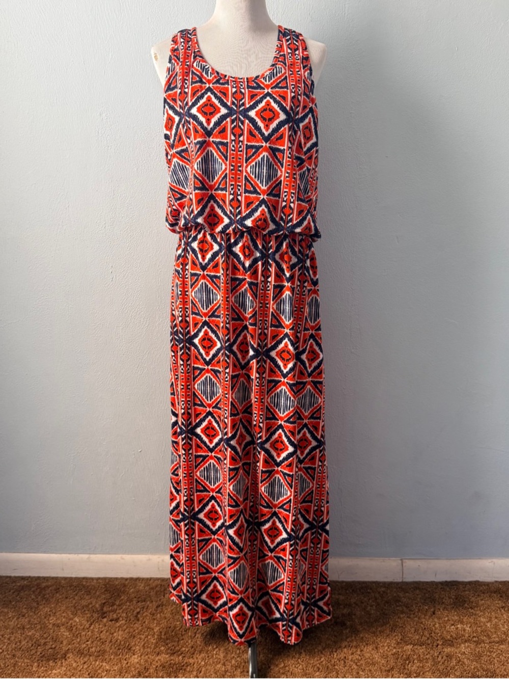 Magic Orange/multicolor Geometric Print Pullover Stretch Sleeveless Maxi Dress L